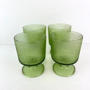 Avocado Green Rippled Glass Goblet Wine Juice Water Glasses Set of 4
